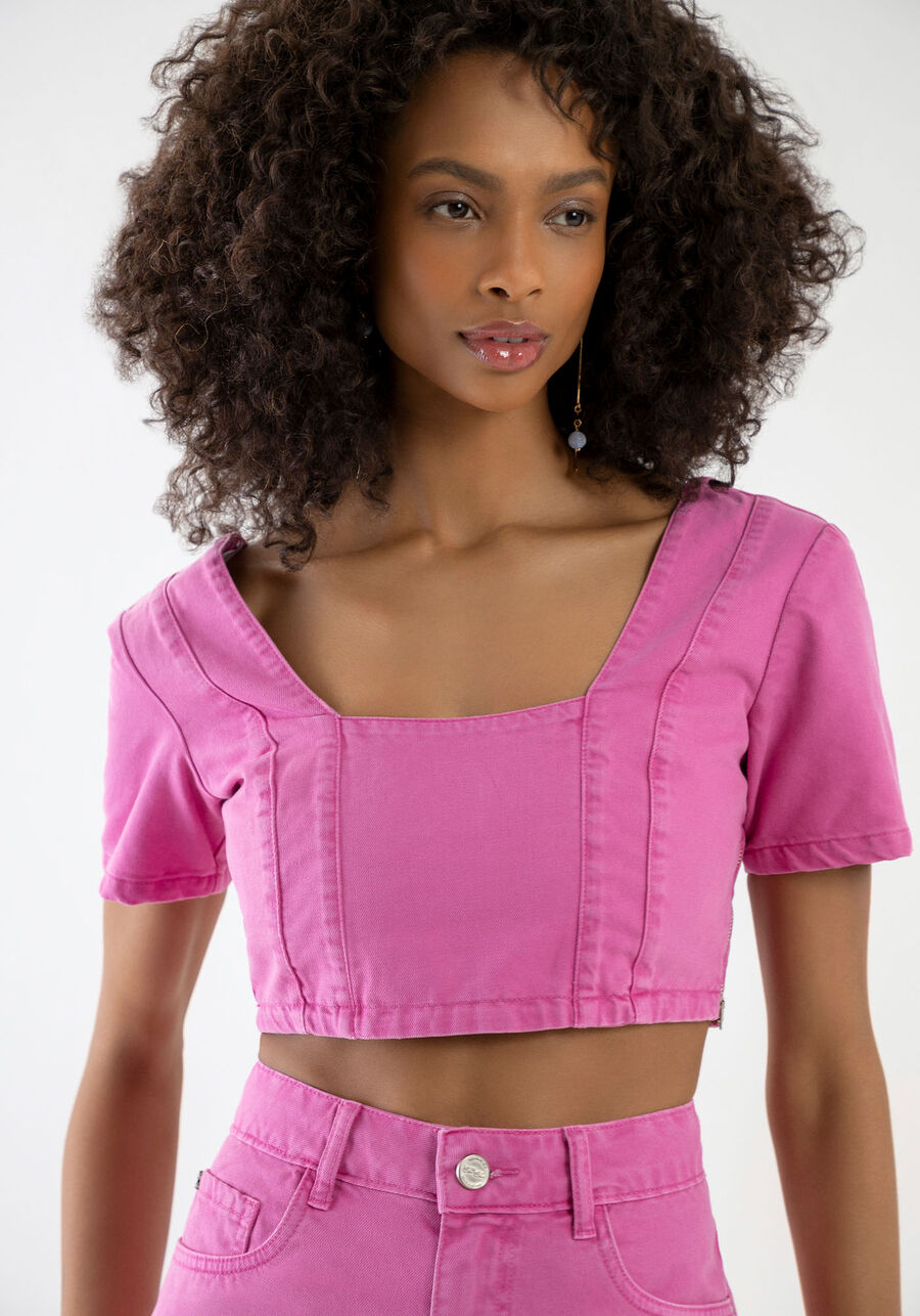 Blusa Sarja Cropped com Decote Quadrado, ROSA PINK BOOM, large.