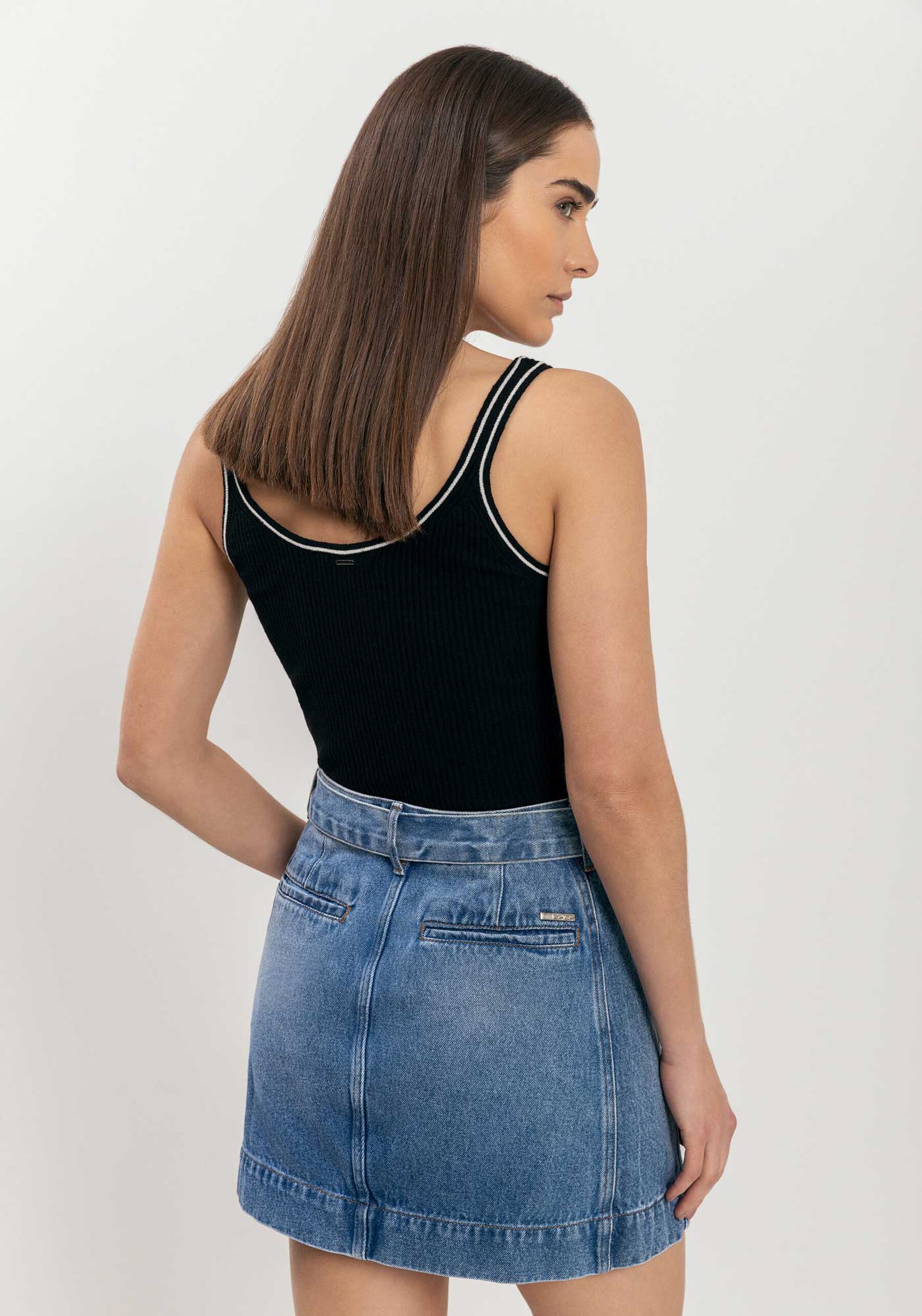 Saia Jeans Curta Com Cintura Alta E Cinto, JEANS. Saia Jeans Curta Com Cintura Alta E Cinto, JEANS, large.