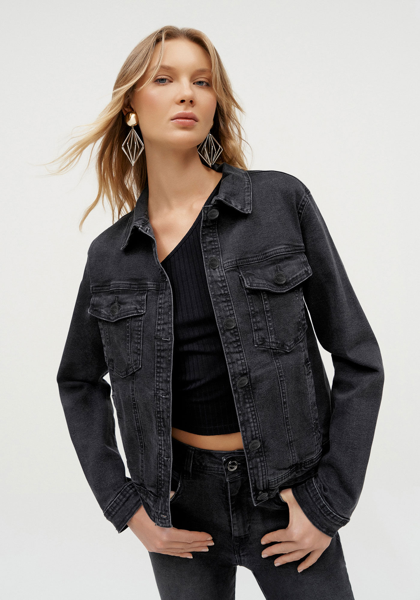 Jaqueta Jeans Preta com Elasticidade, PRETO REATIVO, large.