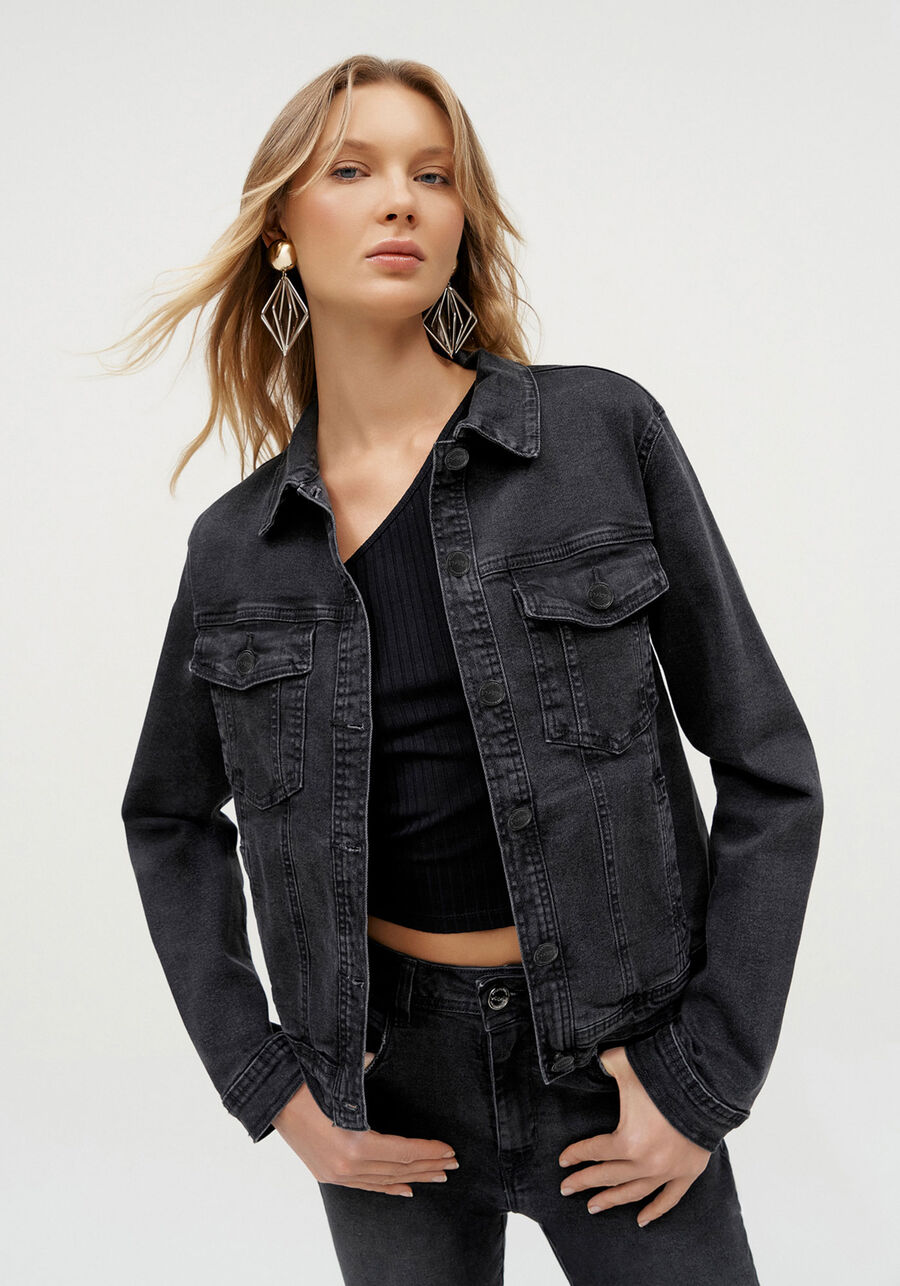 Jaqueta Jeans Preta com Elasticidade, PRETO REATIVO. Jaqueta Jeans Preta com Elasticidade, PRETO REATIVO, large.