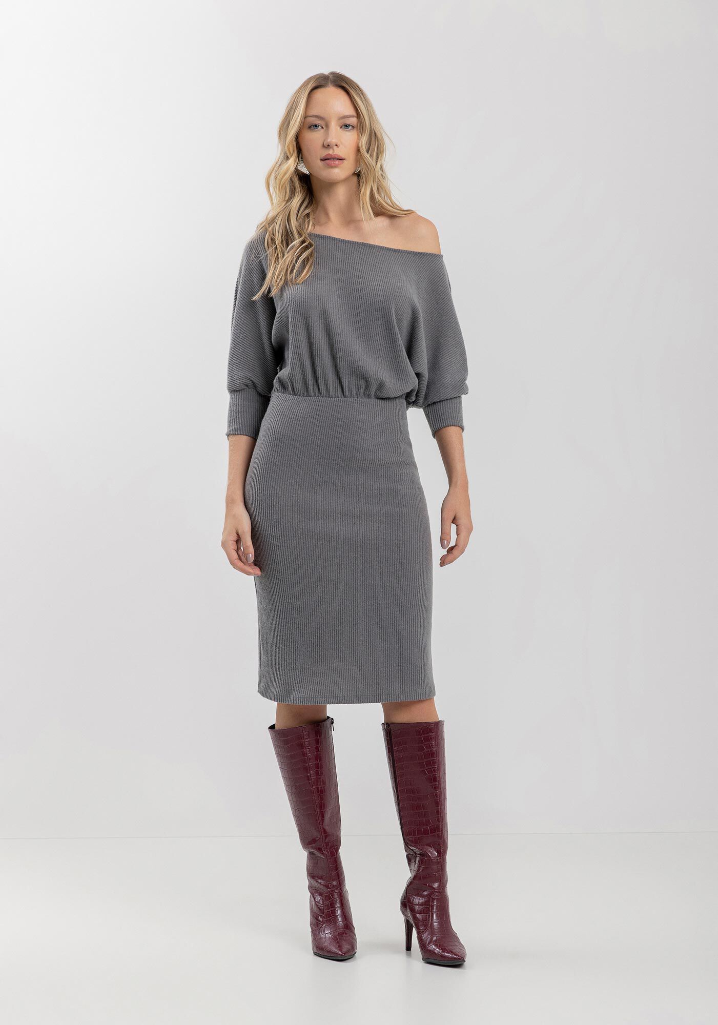 Vestido Midi Ombro A Ombro Em Malha Canelada, , large.