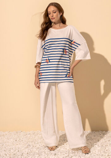 Blusa Alongada De Mangas 3/4 Com Estampa, BRANCO OFF WHITE. Blusa Alongada De Mangas 3/4 Com Estampa, BRANCO OFF WHITE, large.