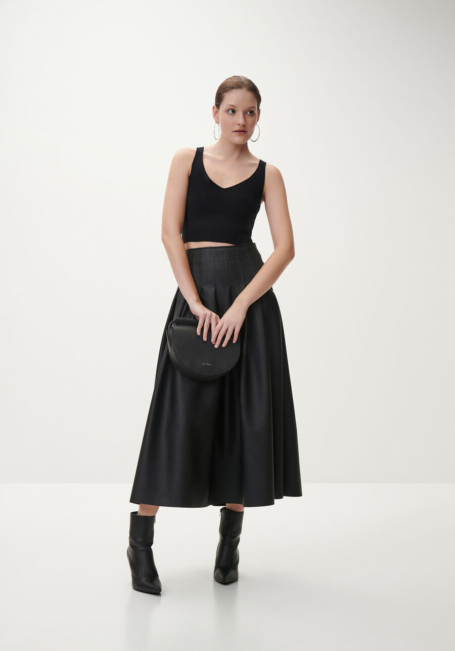 Saia Midi em PU com Pregas, . Saia Midi em PU com Pregas, , large.
