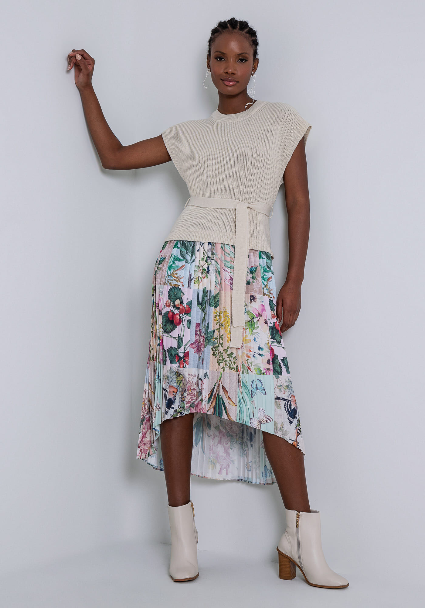 Vestido Midi em Tecido e Tric&ocirc; com Plissado, , large.