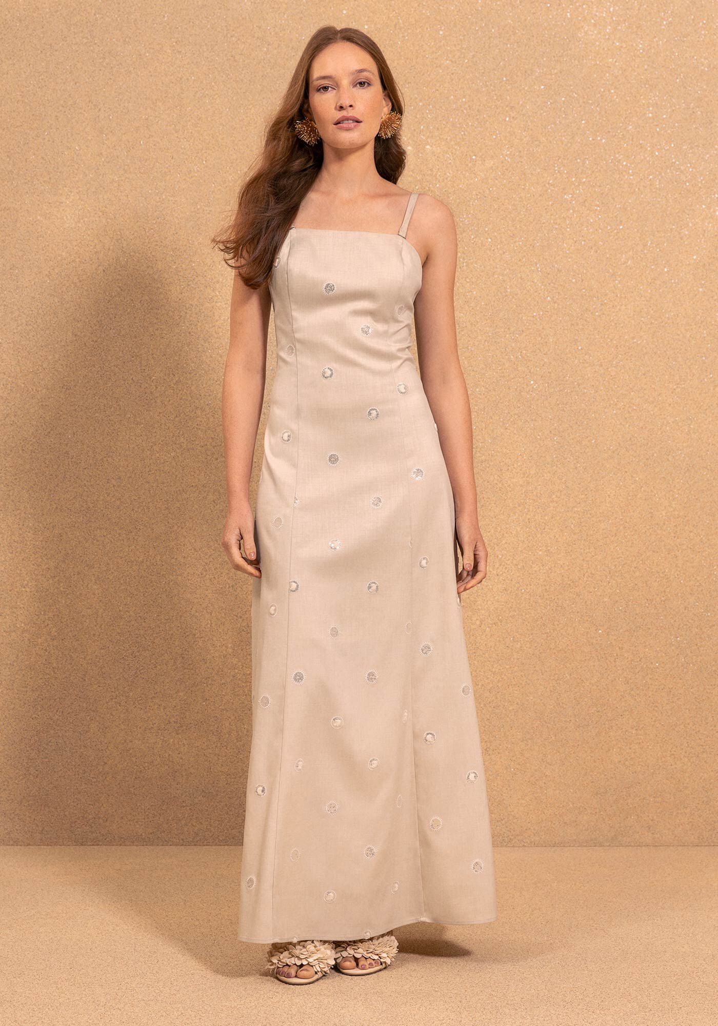Vestido Longo De Al&ccedil;as Remov&iacute;veis Em Tecido Bordado, BEGE BISCUIT, large.