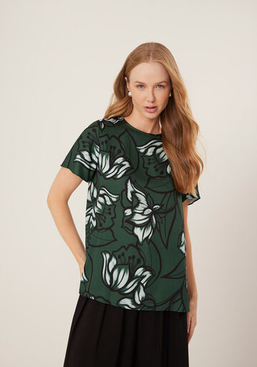 Blusa De Mangas Curtas Estampada Com Gola Redonda, BELL FLOWERS VERDE. Blusa De Mangas Curtas Estampada Com Gola Redonda, BELL FLOWERS VERDE, large.