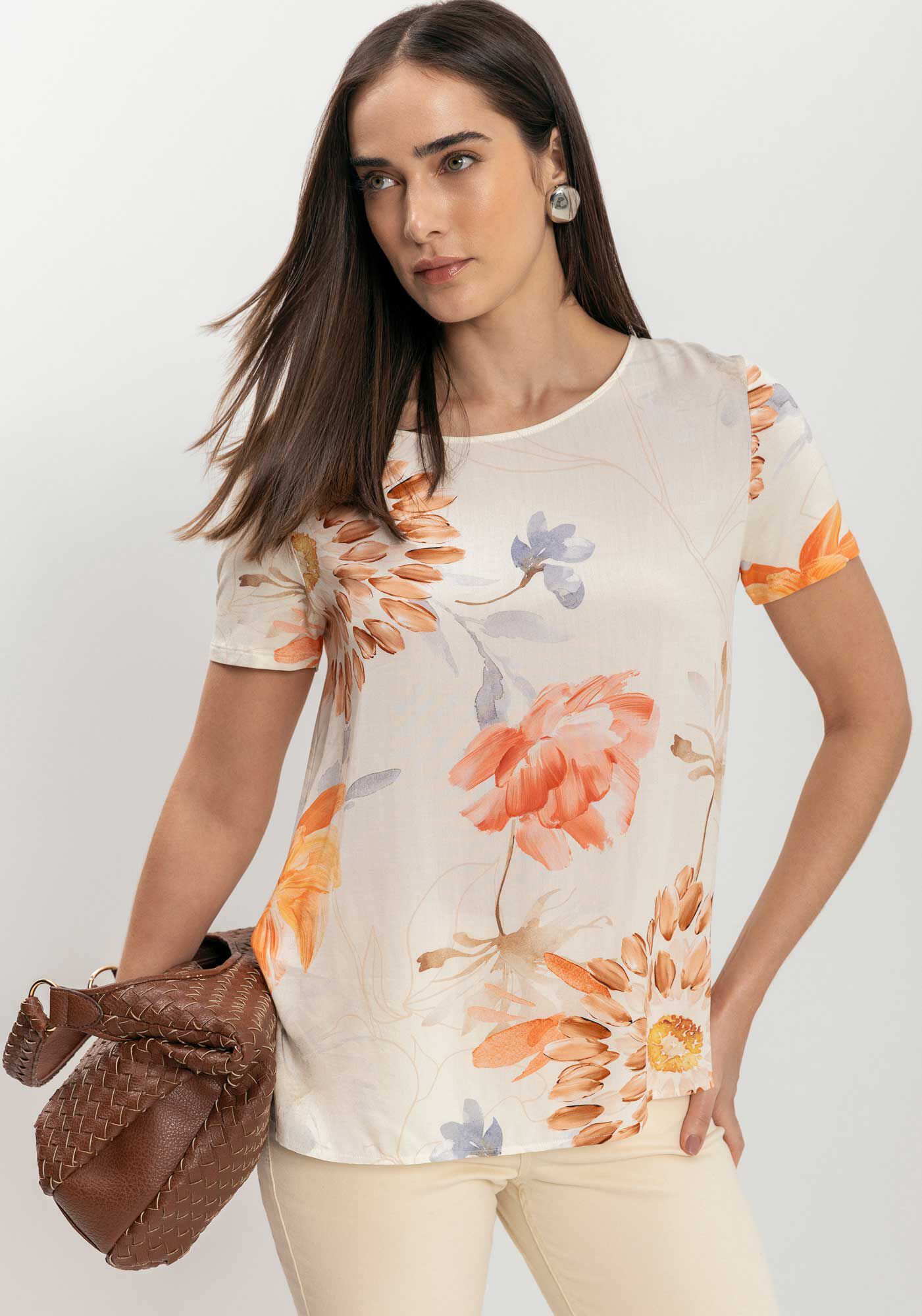 Blusa Estampada De Mangas Curtas Com Decote Redondo, , large.