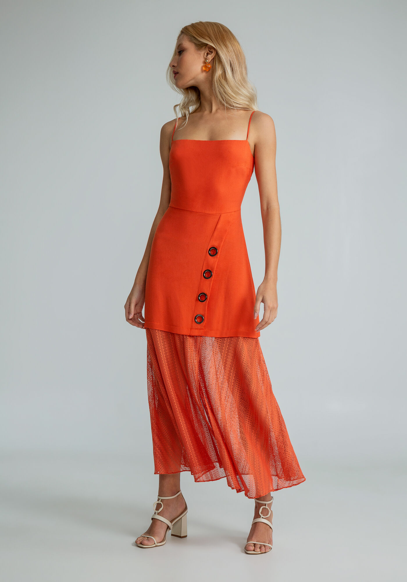 Vestido Midi Ilh&oacute;s Recorte Renda, LARANJA, large.