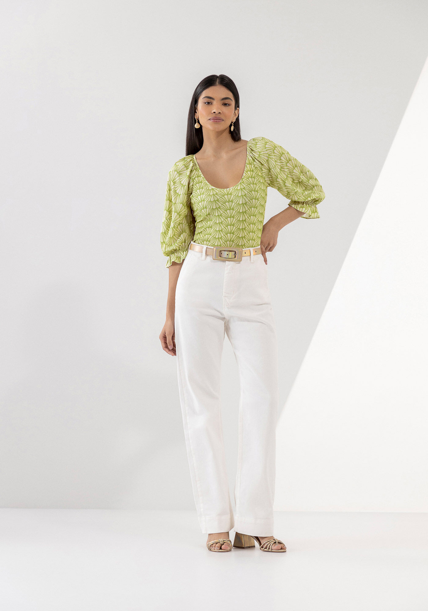 Blusa Canelada Estampada com Manga 3/4 Bufante, , large.