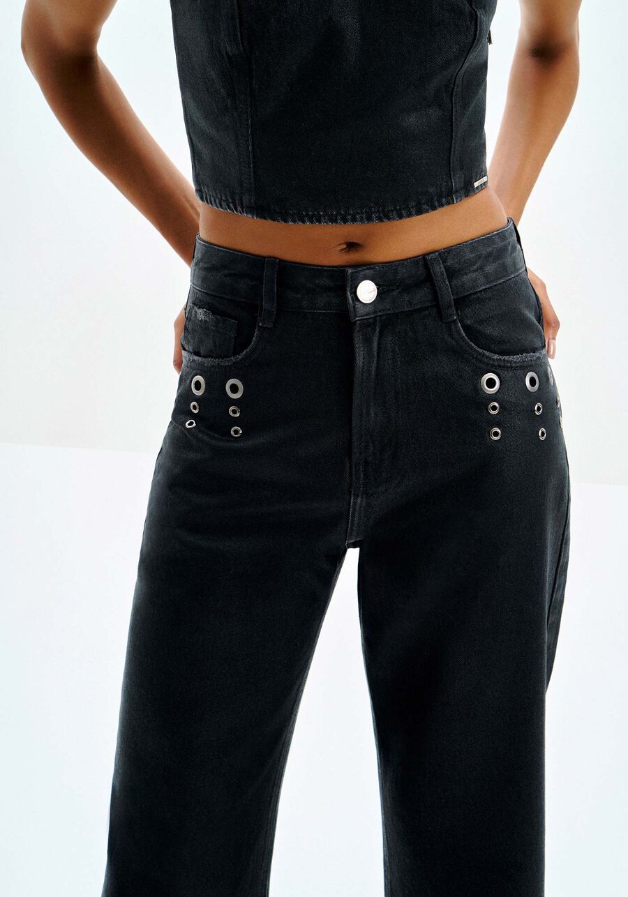 Calça Jeans Gloss Reta Cintura Alta com Ilhós, . Calça Jeans Gloss Reta Cintura Alta com Ilhós, , large.