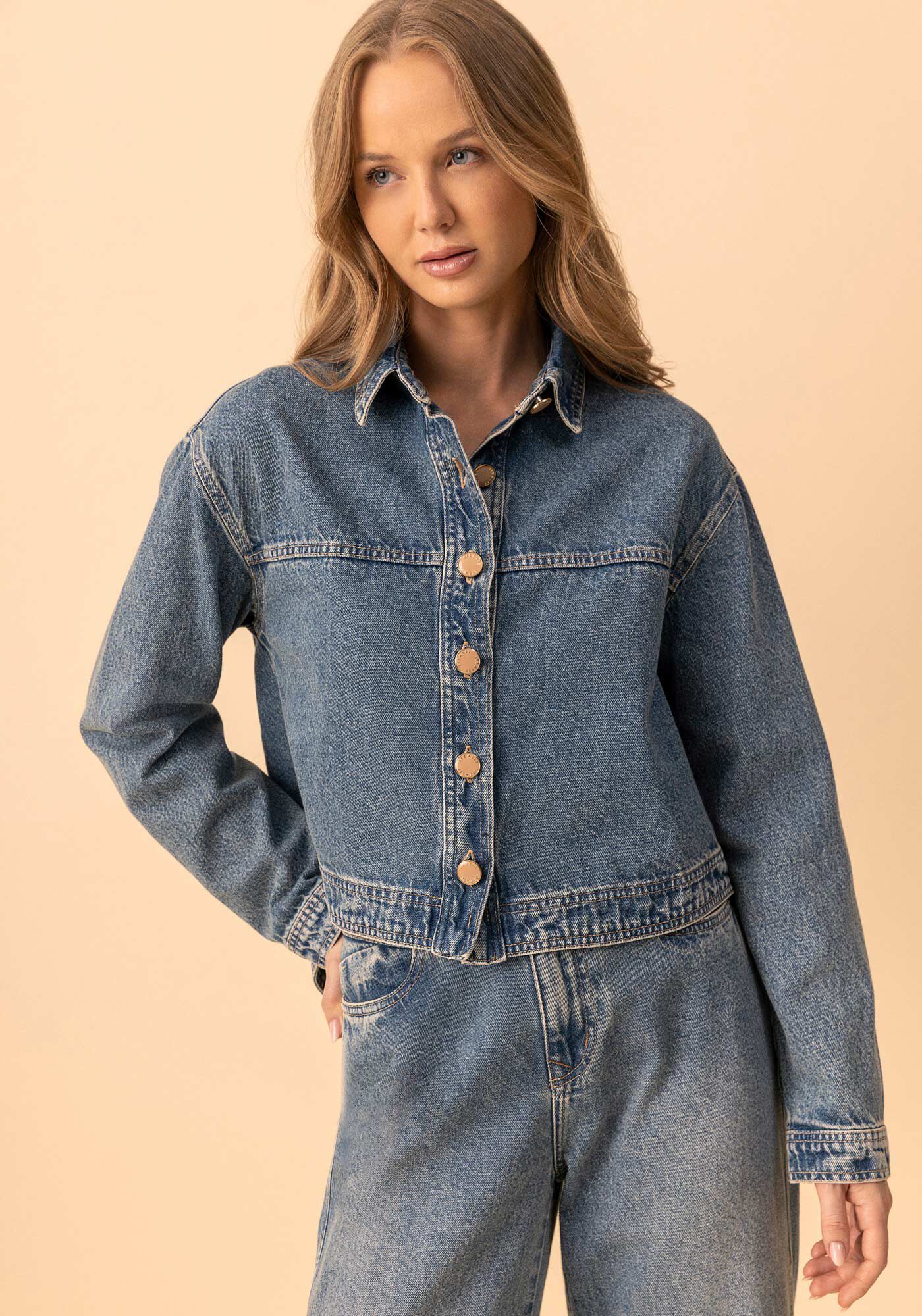 Camisa Jeans Curta De Mangas Longas Com Bot&otilde;es, JEANS, large.