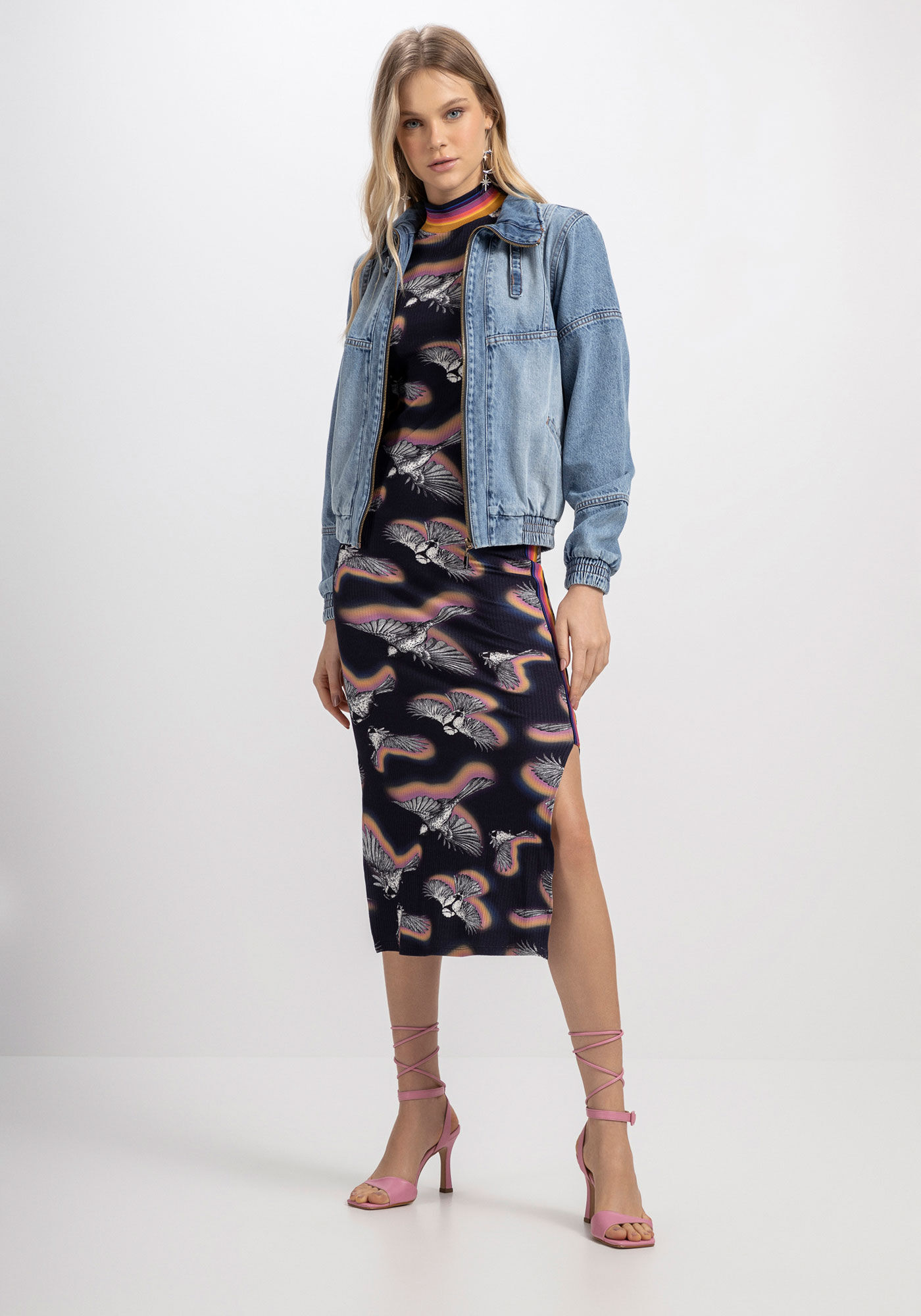 Jaqueta Jeans Bomber com Bordado P&aacute;ssaro, , large.