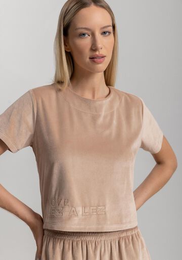 Blusa Curta De Mangas Com Gola Redonda Em Malha Plush Move, BEGE MUDOC. Blusa Curta De Mangas Com Gola Redonda Em Malha Plush Move, BEGE MUDOC, large.