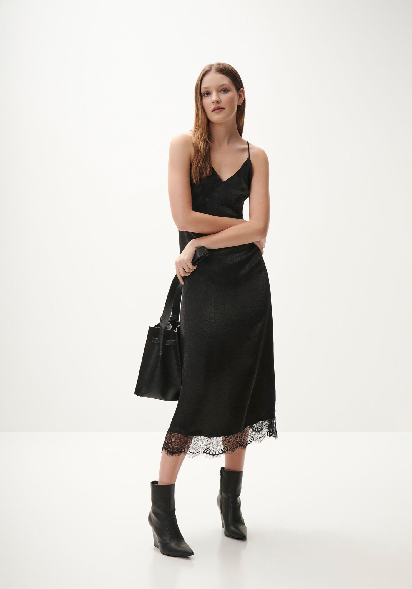 Vestido Midi Slip em Cetim com Renda, , large.