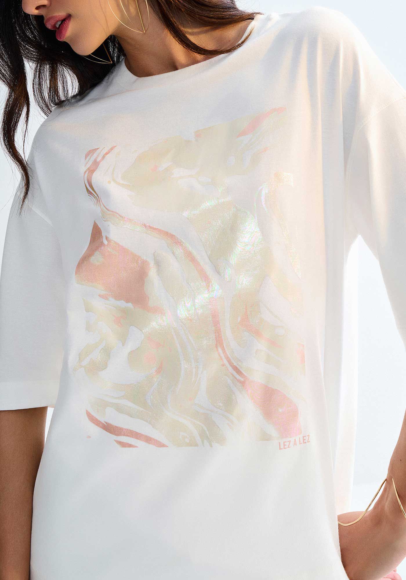 Blusa Ampla Manga Curta em Malha com Estampa Metalizada, , large.