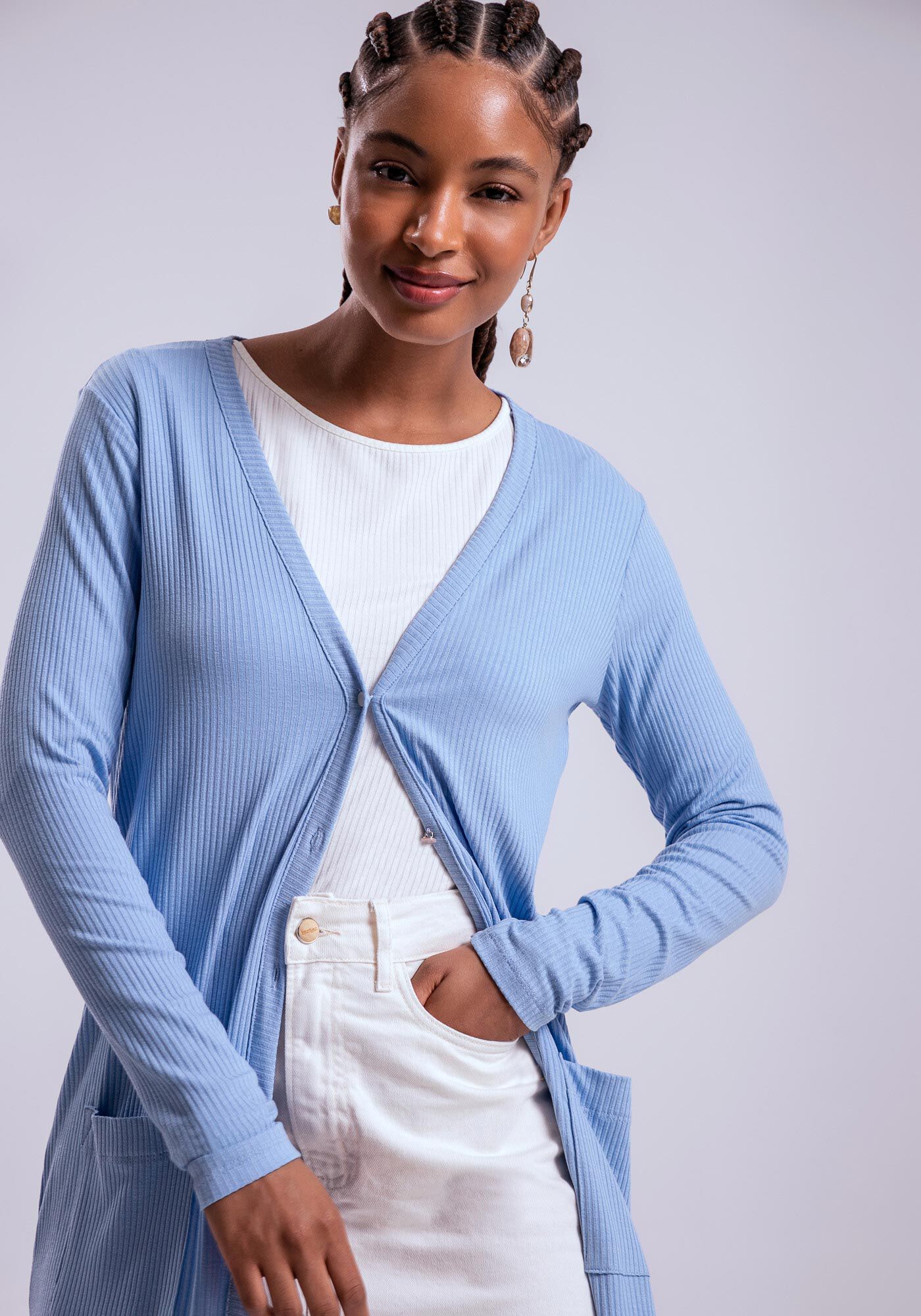 Cardigan Longo Canelado com Bolsos, , large.