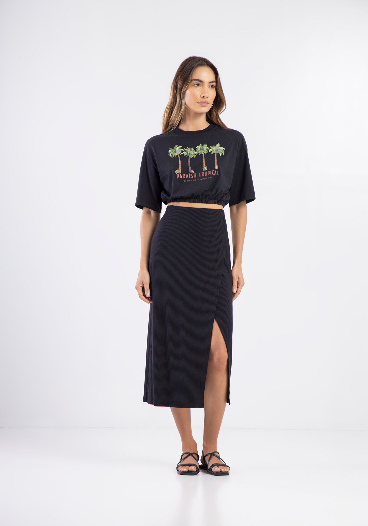 Saia Midi Canelada com Fenda Transpassada, , large.