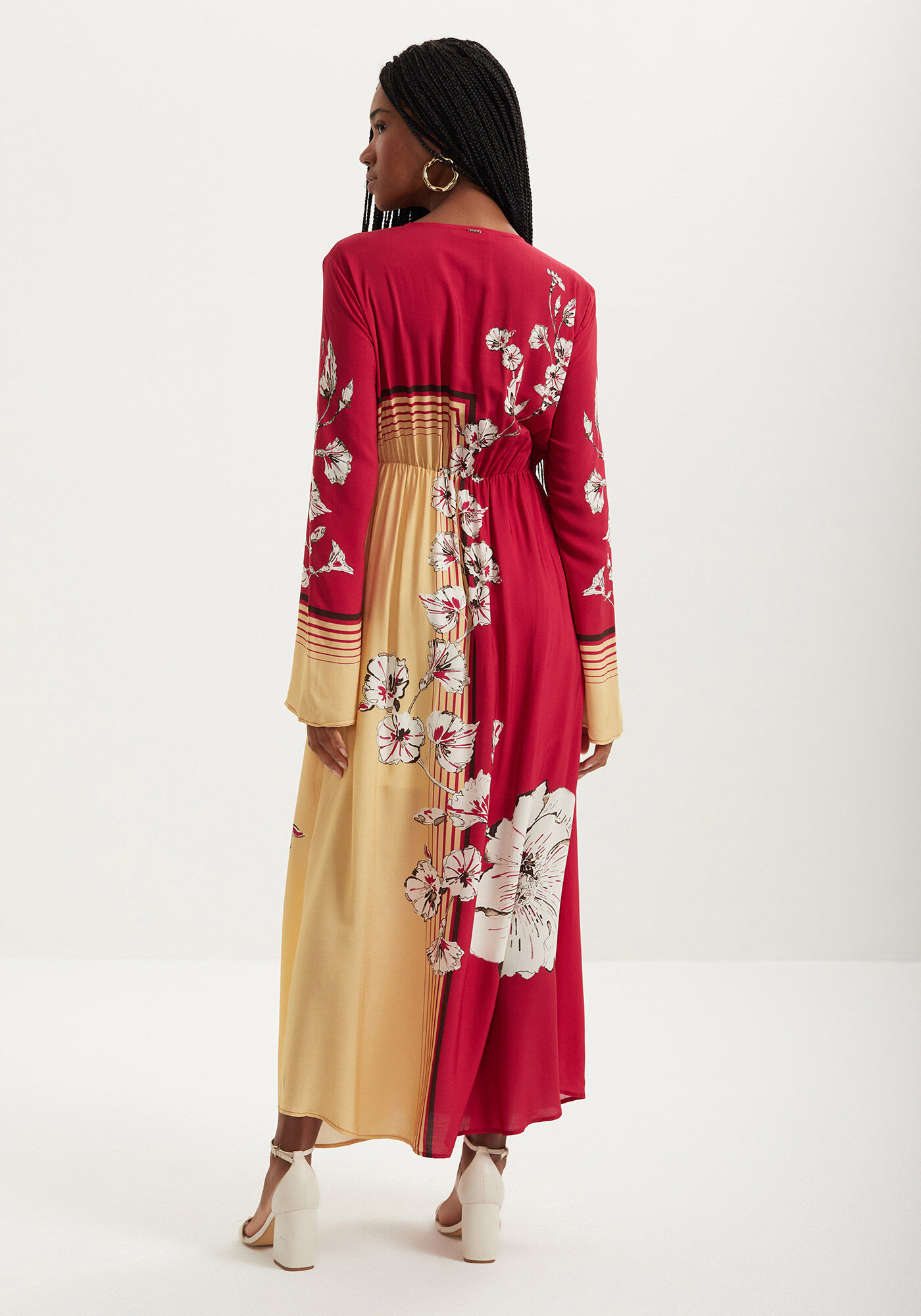 Vestido Longo Evas&ecirc; Estampado Com Manga Longa E N&oacute;, LILY VERMELHO, large.