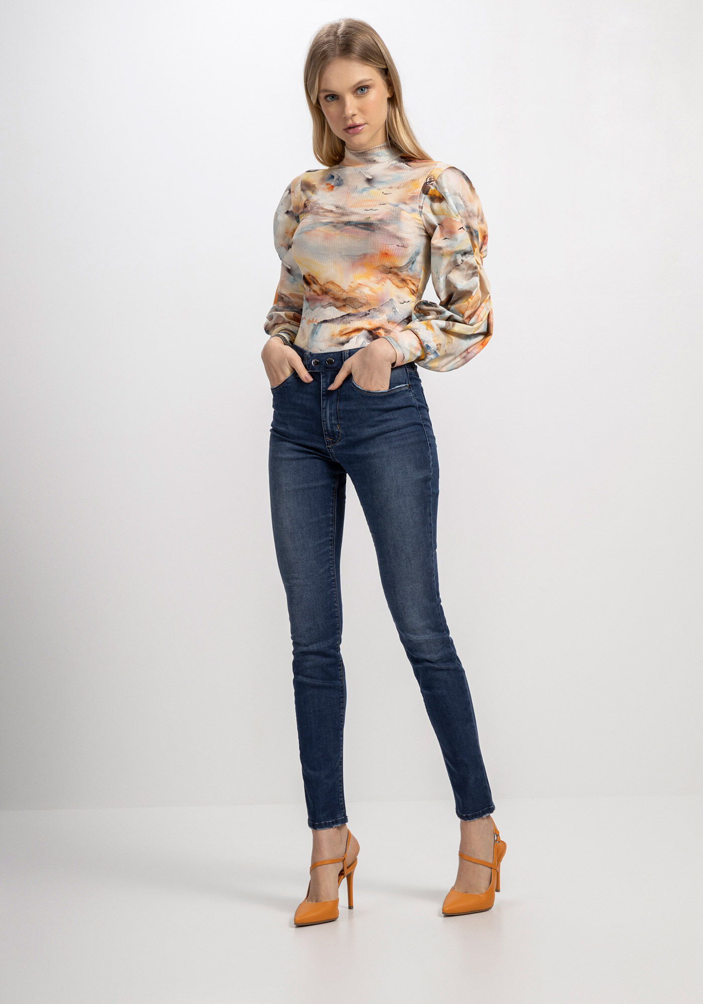 Blusa Estampada Canelada com M&aacute;xi Pregas Manga, GLACIAL, large.