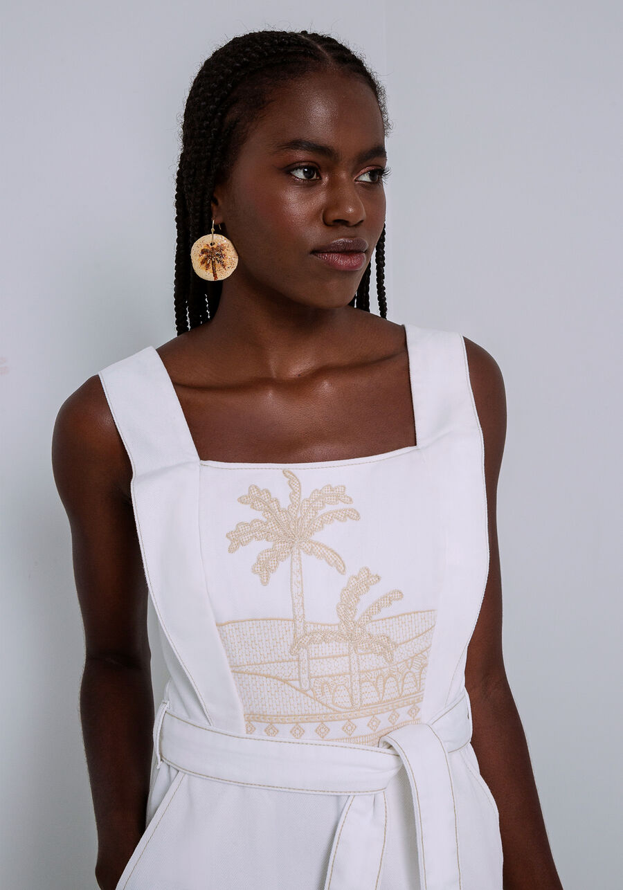 Vestido Sarja Curto com Bordado e Cinto, BRANCO OFF WHITE. Vestido Sarja Curto com Bordado e Cinto, BRANCO OFF WHITE, large.