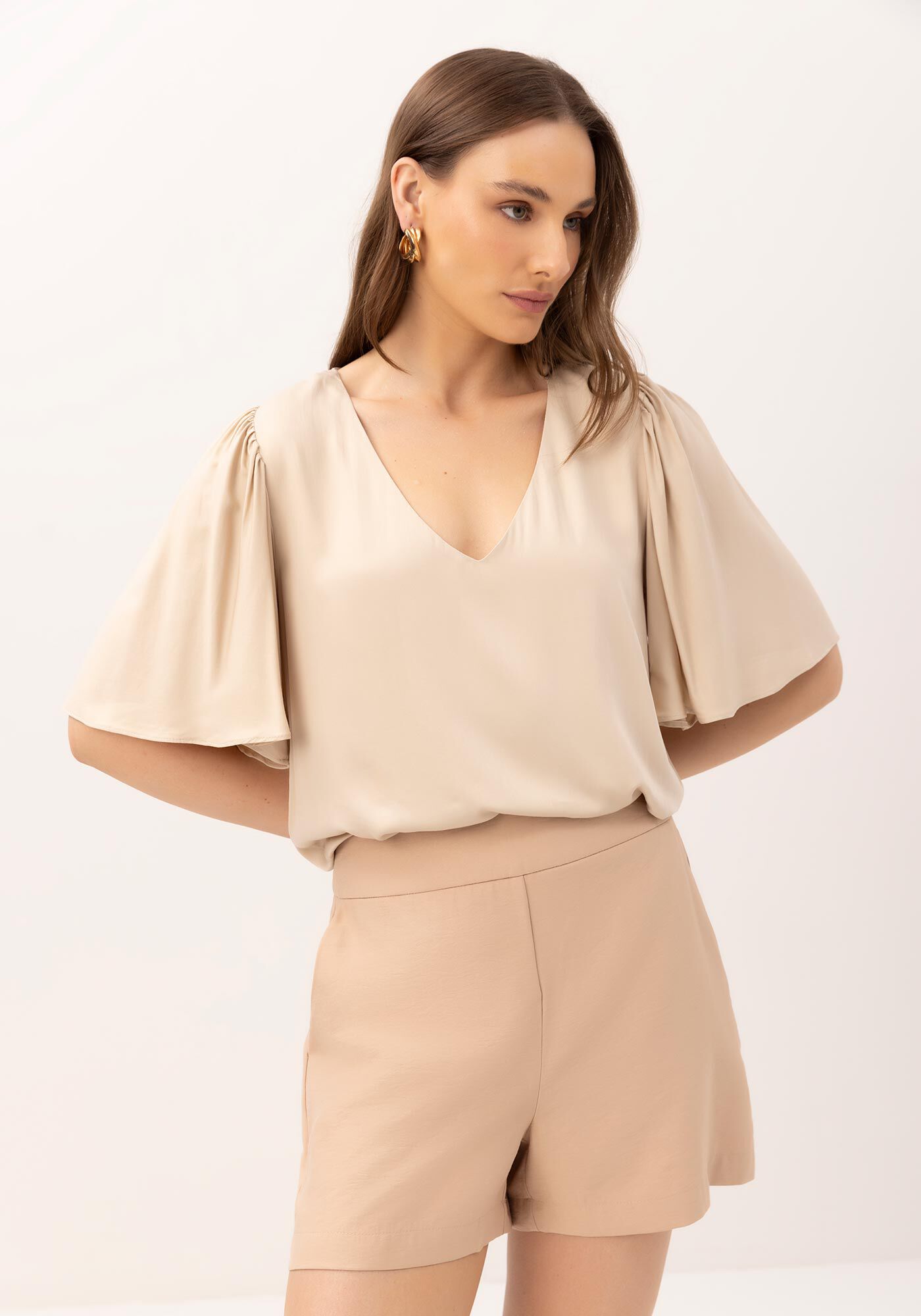 Blusa Manga Flare Ampla com Decote V, , large.