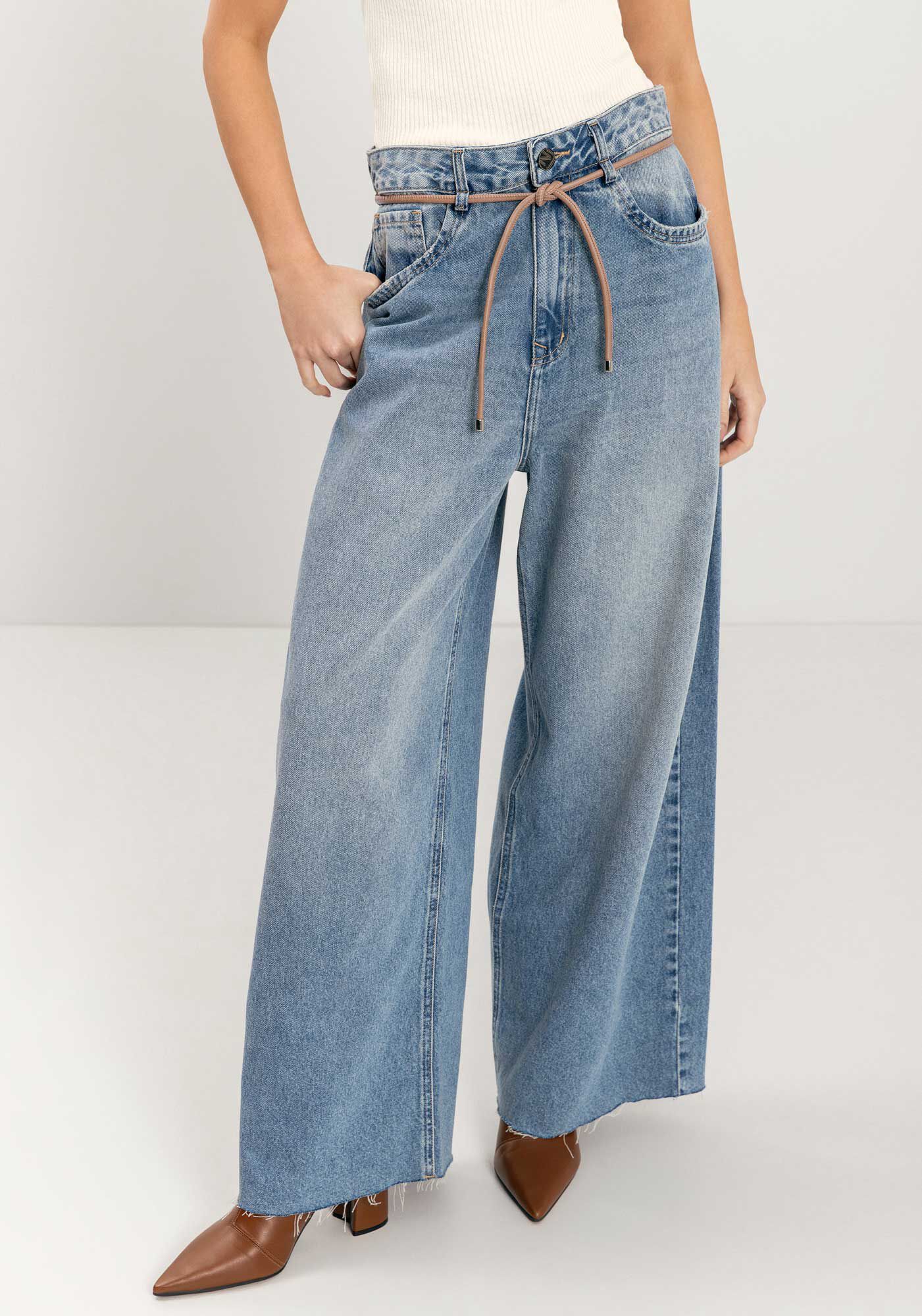 Cal&ccedil;a Jeans Jumbo Com Cinto E Cintura Alta, , large.