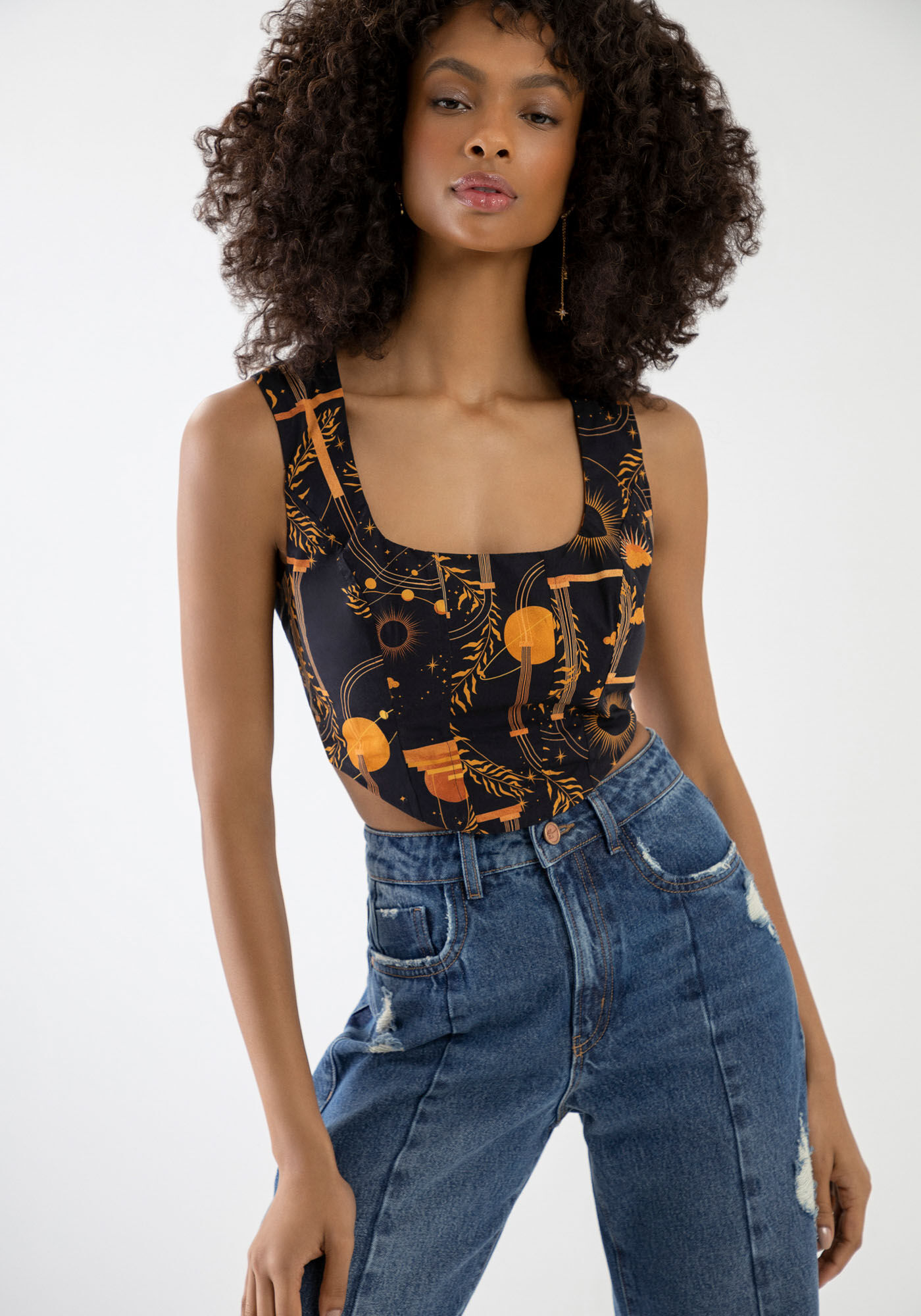 Blusa Cropped em Tule Estampado com Corset Lez a Lez