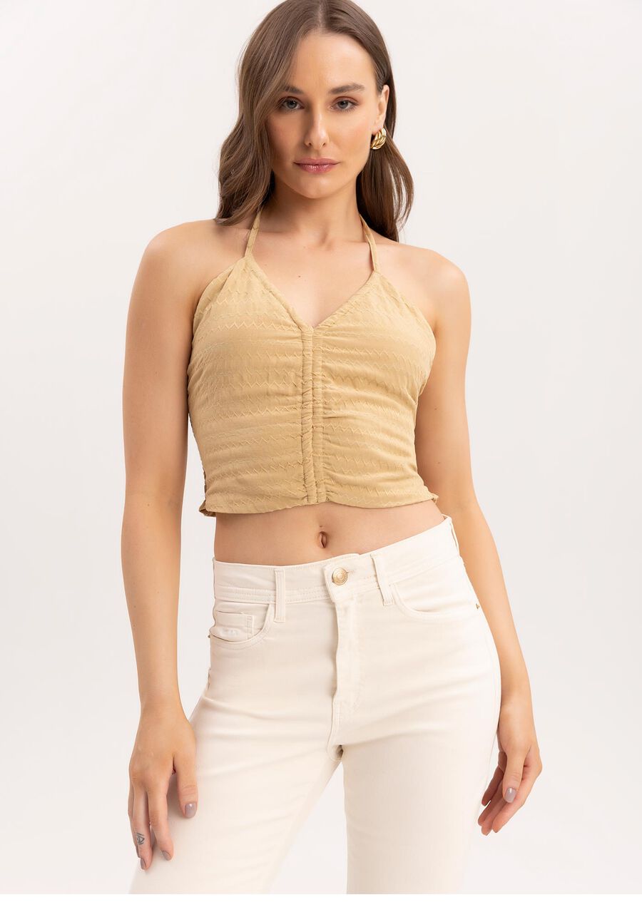 Blusa Cropped Frente Única com Franzido, BEGE BIRCH. Blusa Cropped Frente Única com Franzido, BEGE BIRCH, large.