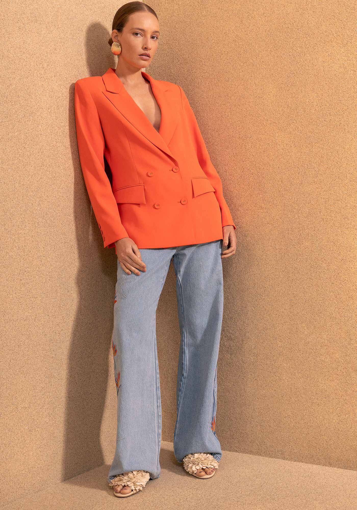 Blazer Alongado Com Lapelas E Abotoamento Duplo, LARANJA PAIXAO, large.