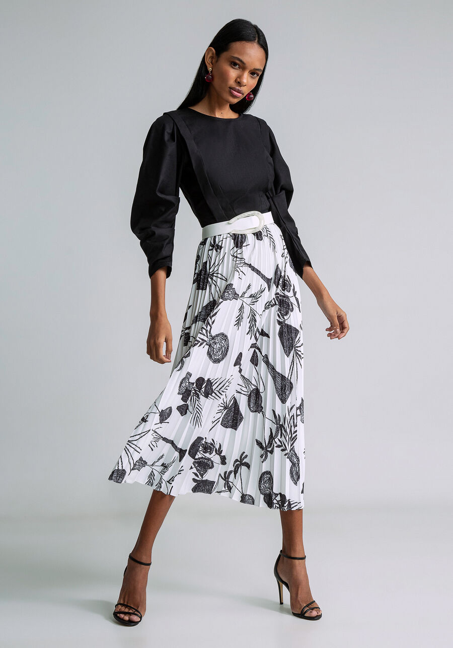 Saia Cintura Alta Plissada Estampa, CONTRASTE. Saia Cintura Alta Plissada Estampa, CONTRASTE, large.