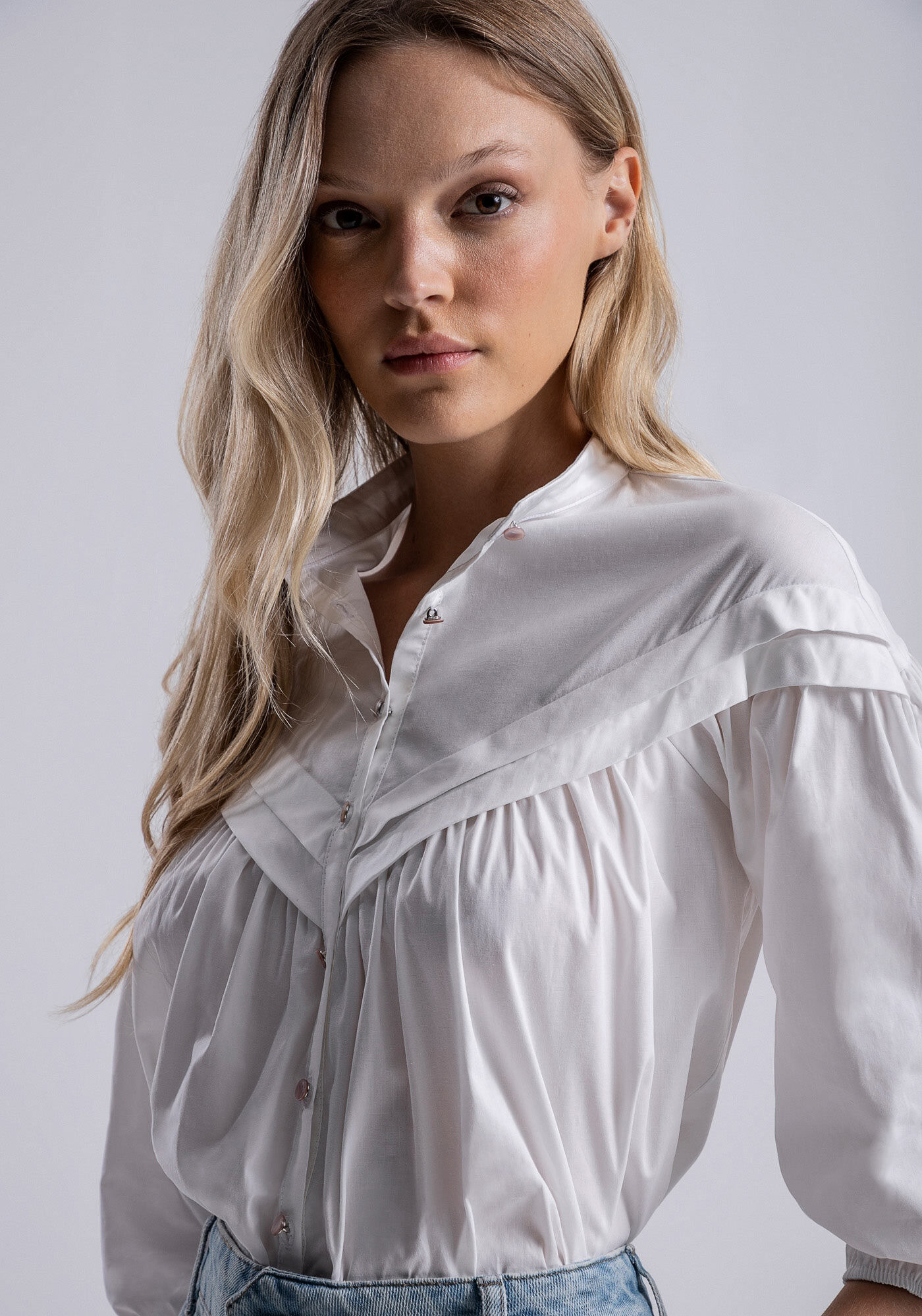 Camisa Manga Bufante em Tricoline com Nervuras, , large.