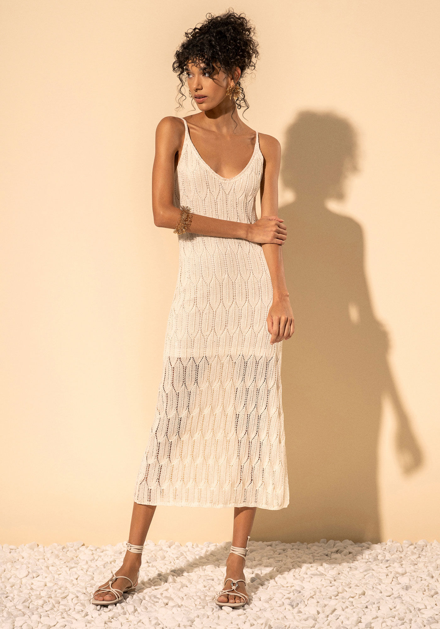 Vestido Ch&aacute; De Al&ccedil;as Com Decote Em V Em Malha Tric&ocirc;, BEGE ALHAMBRA, large.