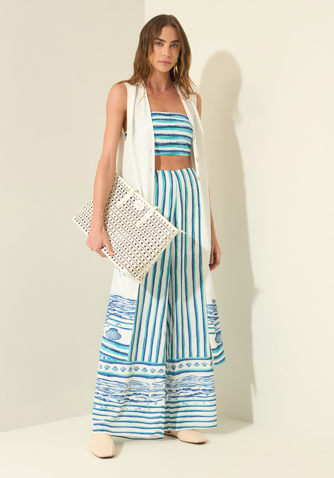 Blusa Alongada Estampada Com Top E Bot&otilde;es, MARE BEGE, large.