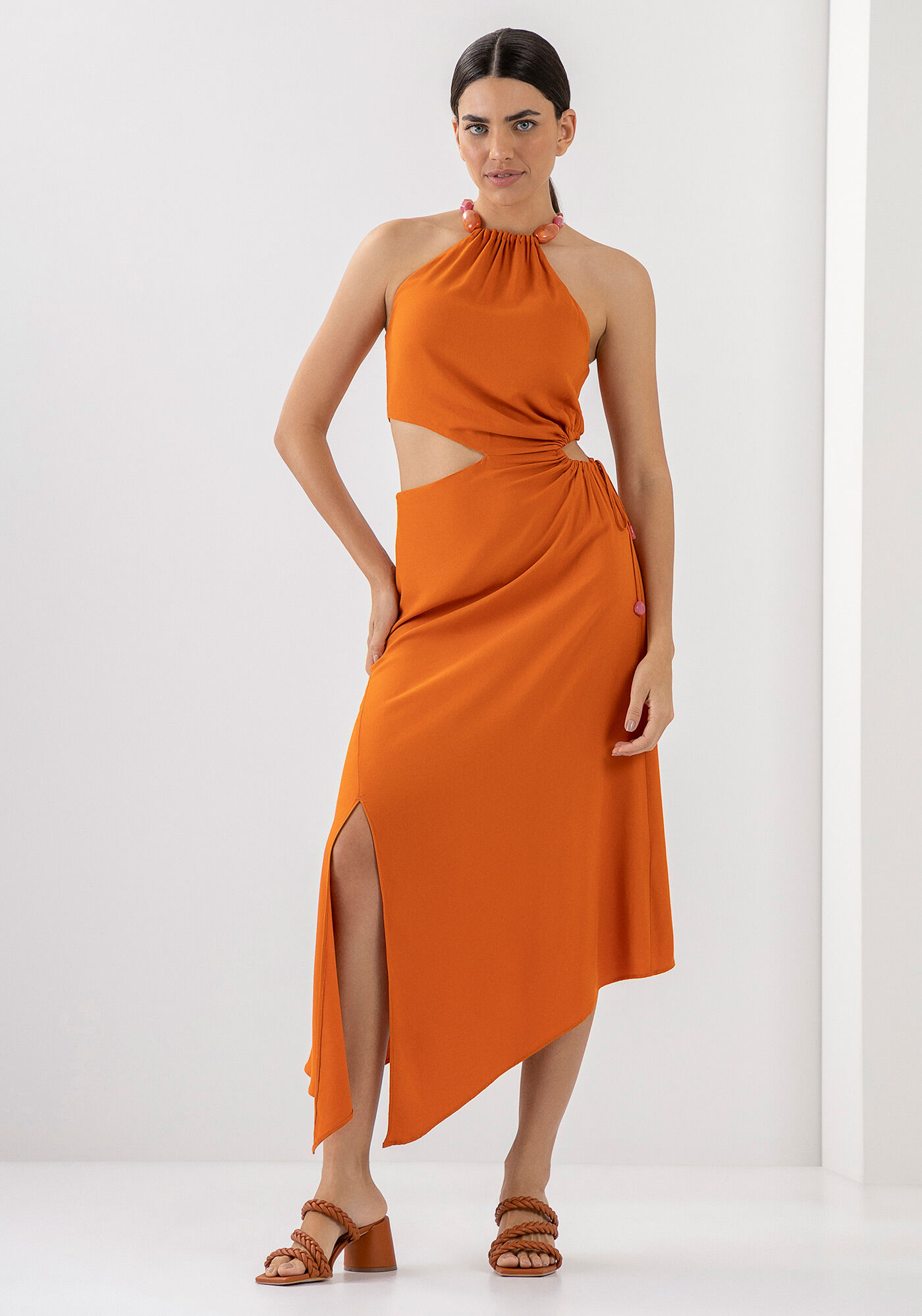 Vestido Midi Assim&eacute;trico em Viscose com Cut Out, , large.