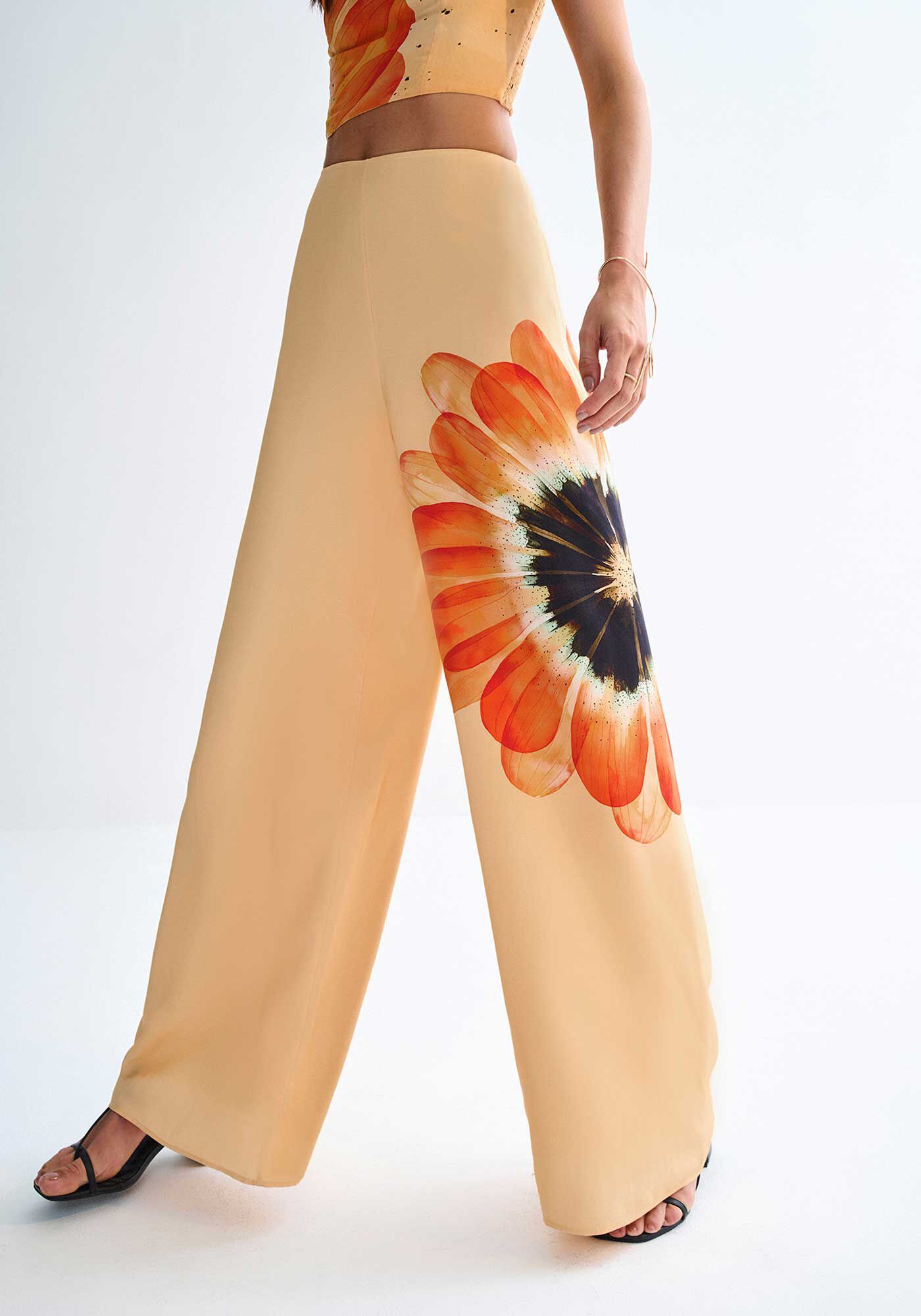 Cal&ccedil;a Pantalona em Viscose com Estampa Blossom, BLOSSOM LARANJA, large.