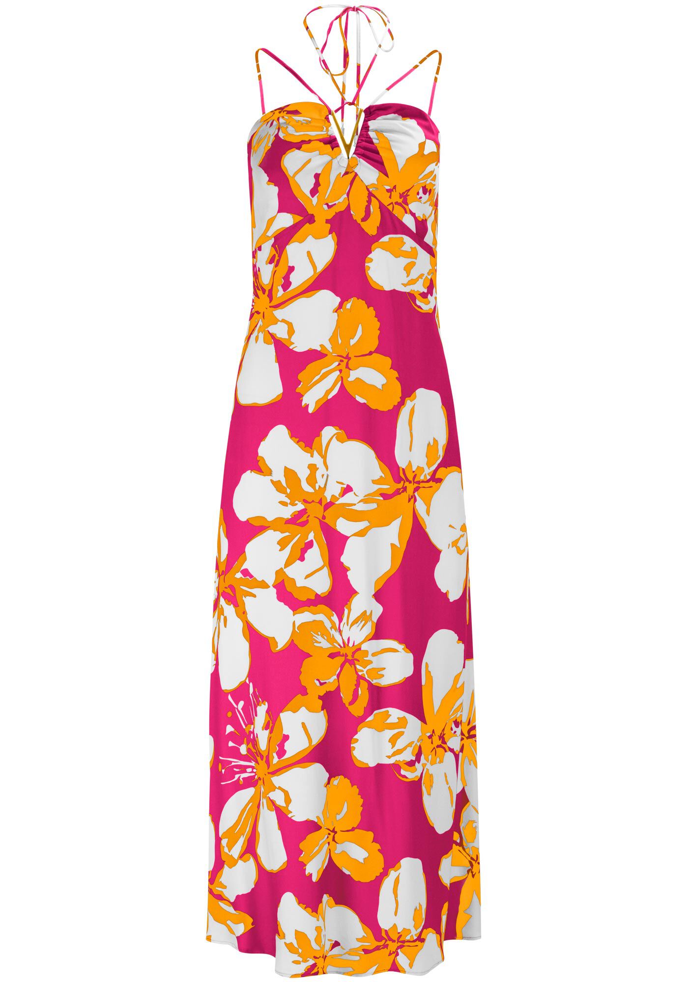 Vestido Midi M&aacute;xi Flores em Viscose com Tiras Decote, WONDER ROSA, large.