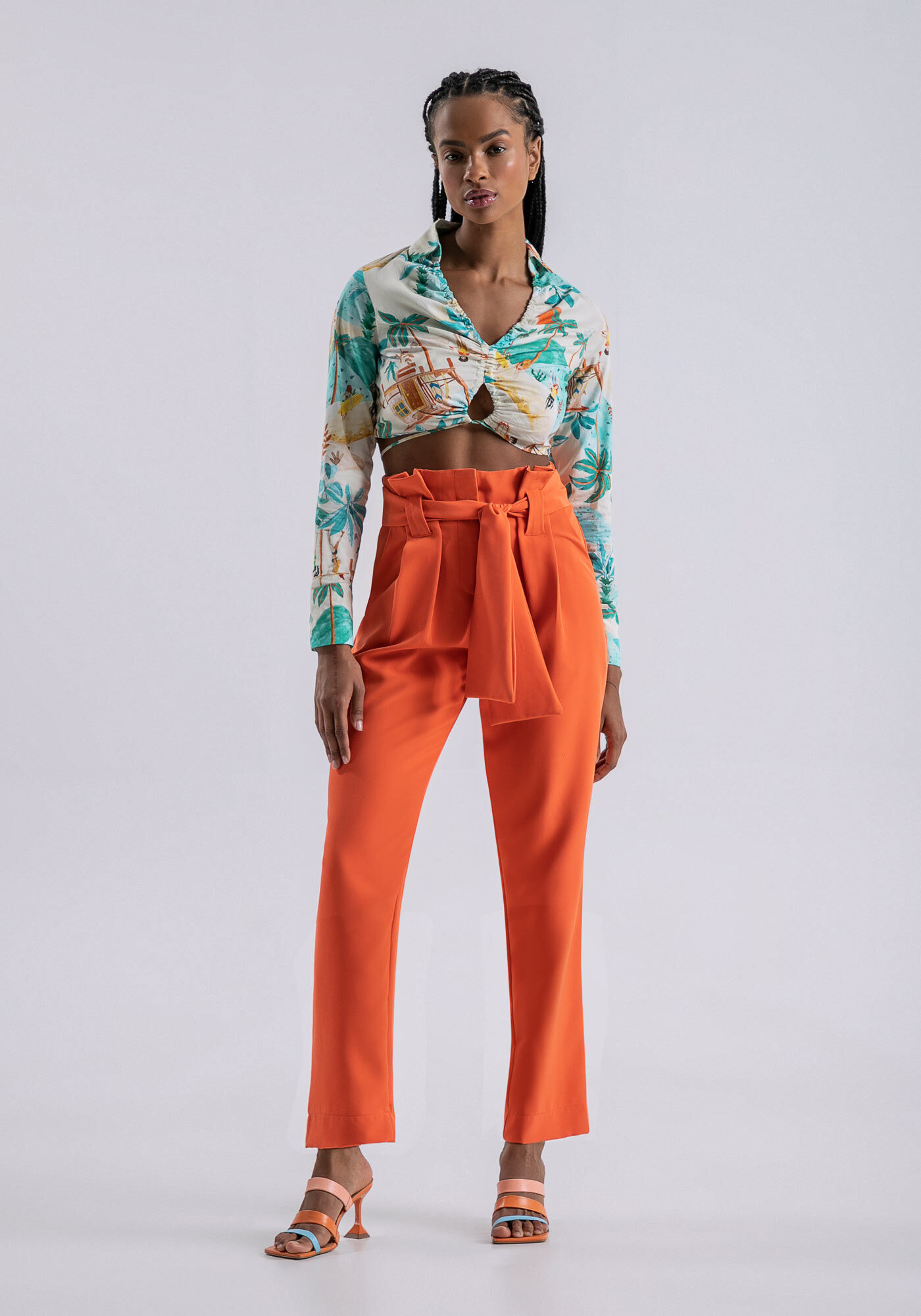 Cal&ccedil;a Reta Tecido Petra com Cinto, LARANJA LIMPIDO, large.