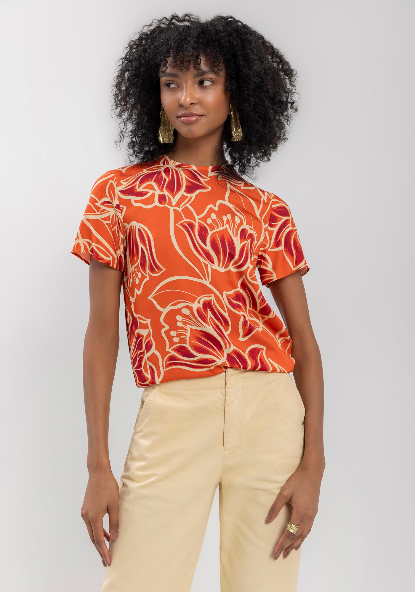 Blusa De Mangas Curtas Estampada Com Gola Redonda, , large.