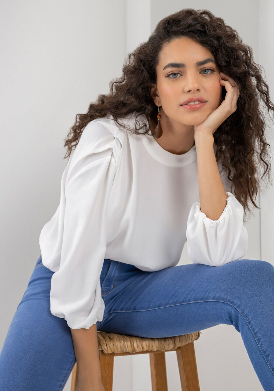 Blusa Manga 3/4 em Crepe com Pregas, . Blusa Manga 3/4 em Crepe com Pregas, , large.