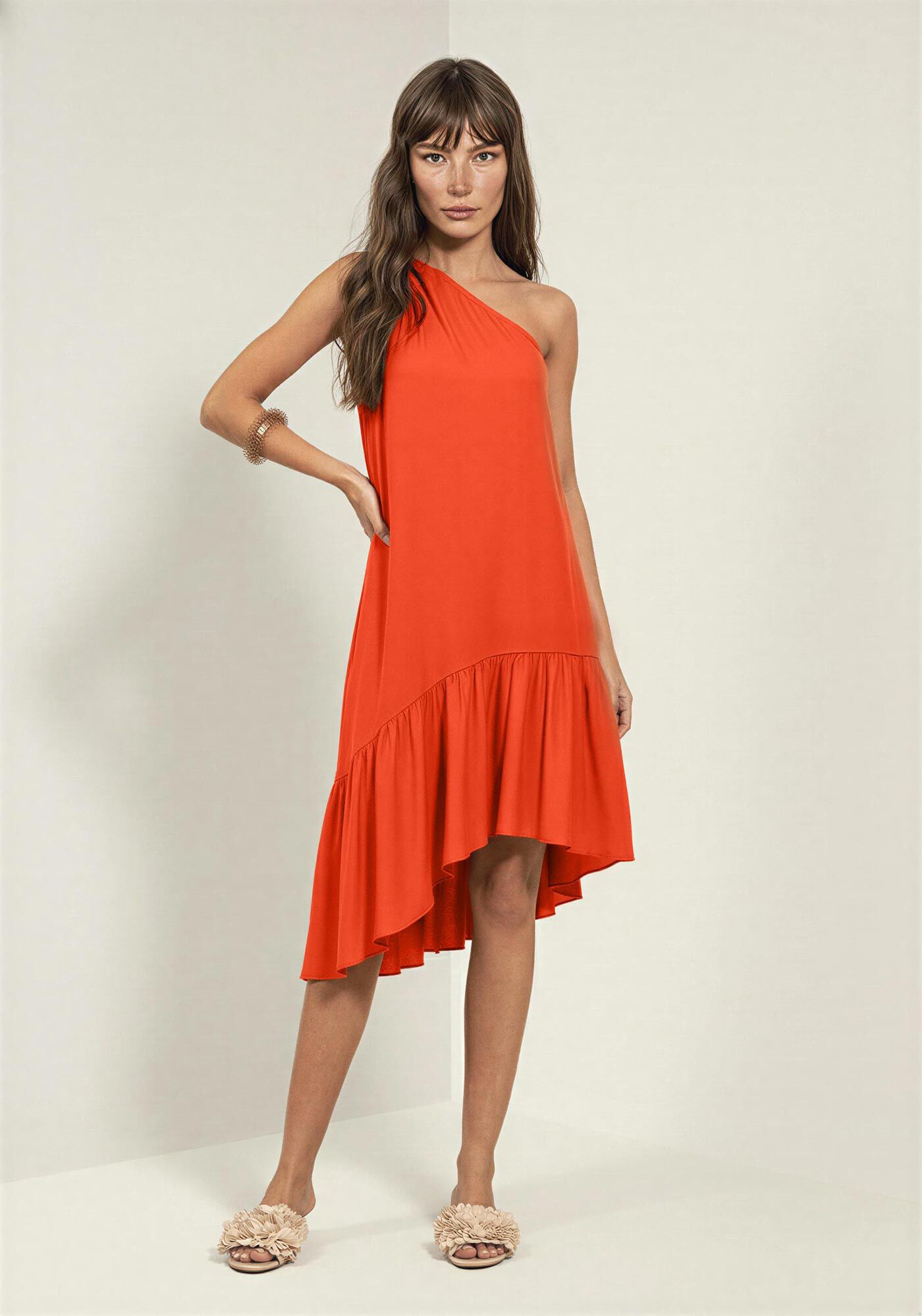 Vestido Curto Assim&eacute;trico De Um Ombro S&oacute; Em Viscose, LARANJA PAIXAO, large.