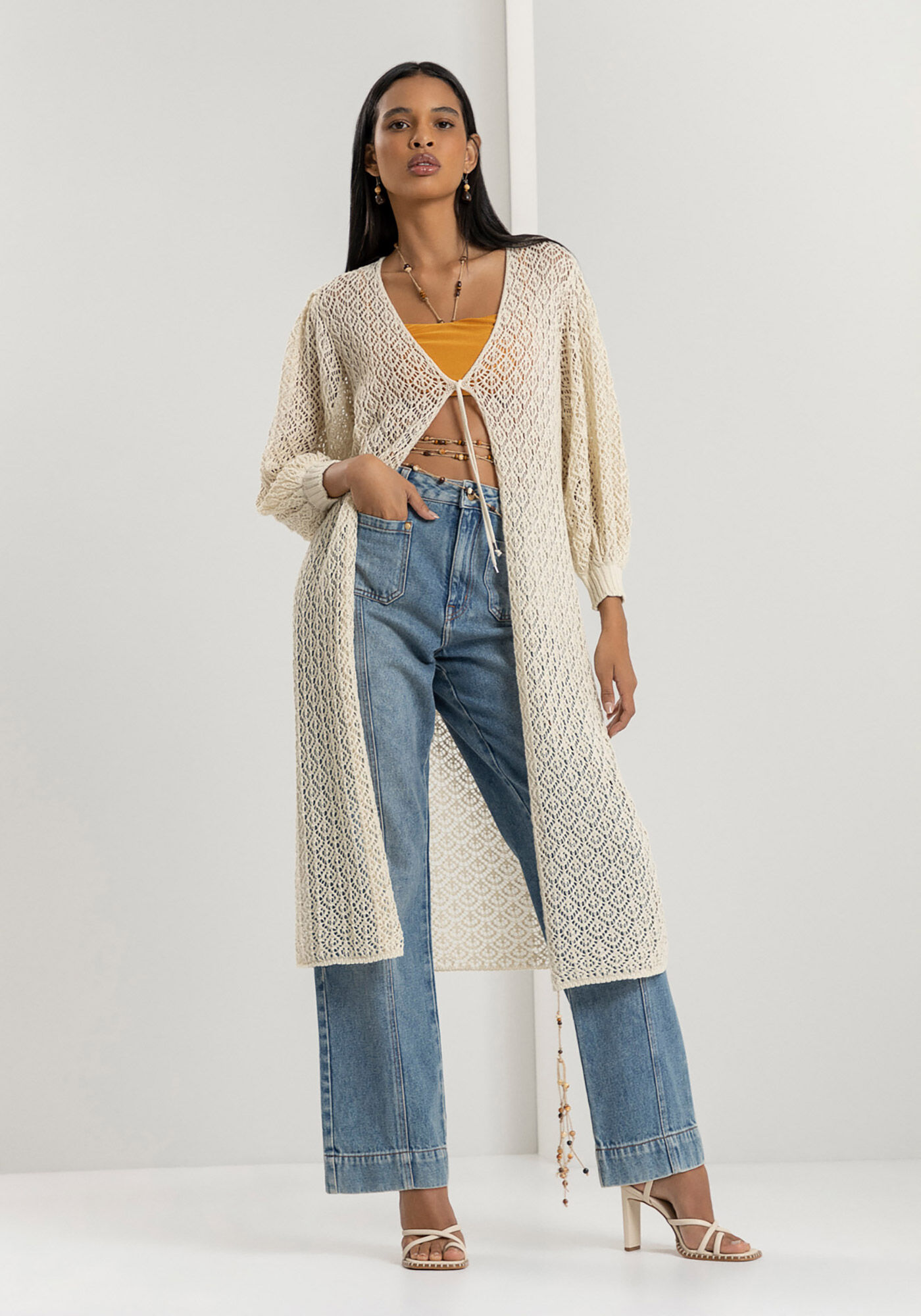 Cardigan Longo em Tric&ocirc; com Manga Bufante, BEGE VALSA, large.