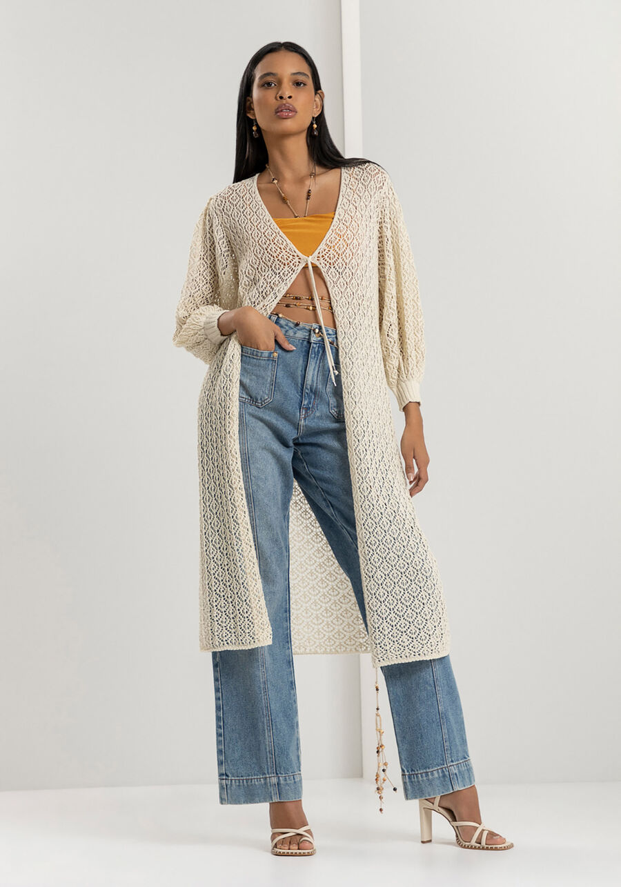 Cardigan Longo em Tricô com Manga Bufante, BEGE VALSA. Cardigan Longo em Tricô com Manga Bufante, BEGE VALSA, large.