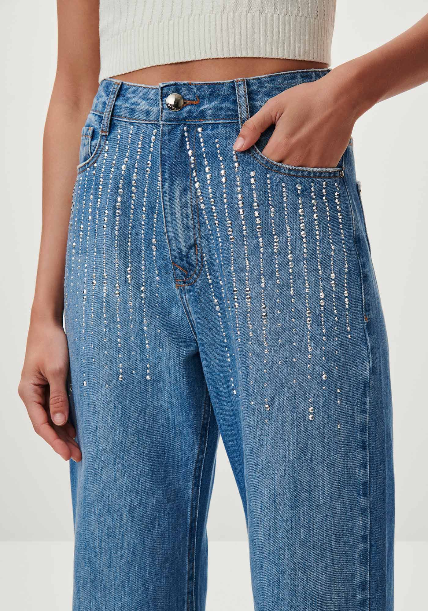 Cal&ccedil;a Jeans Wide Leg Super Alta com Strass, , large.