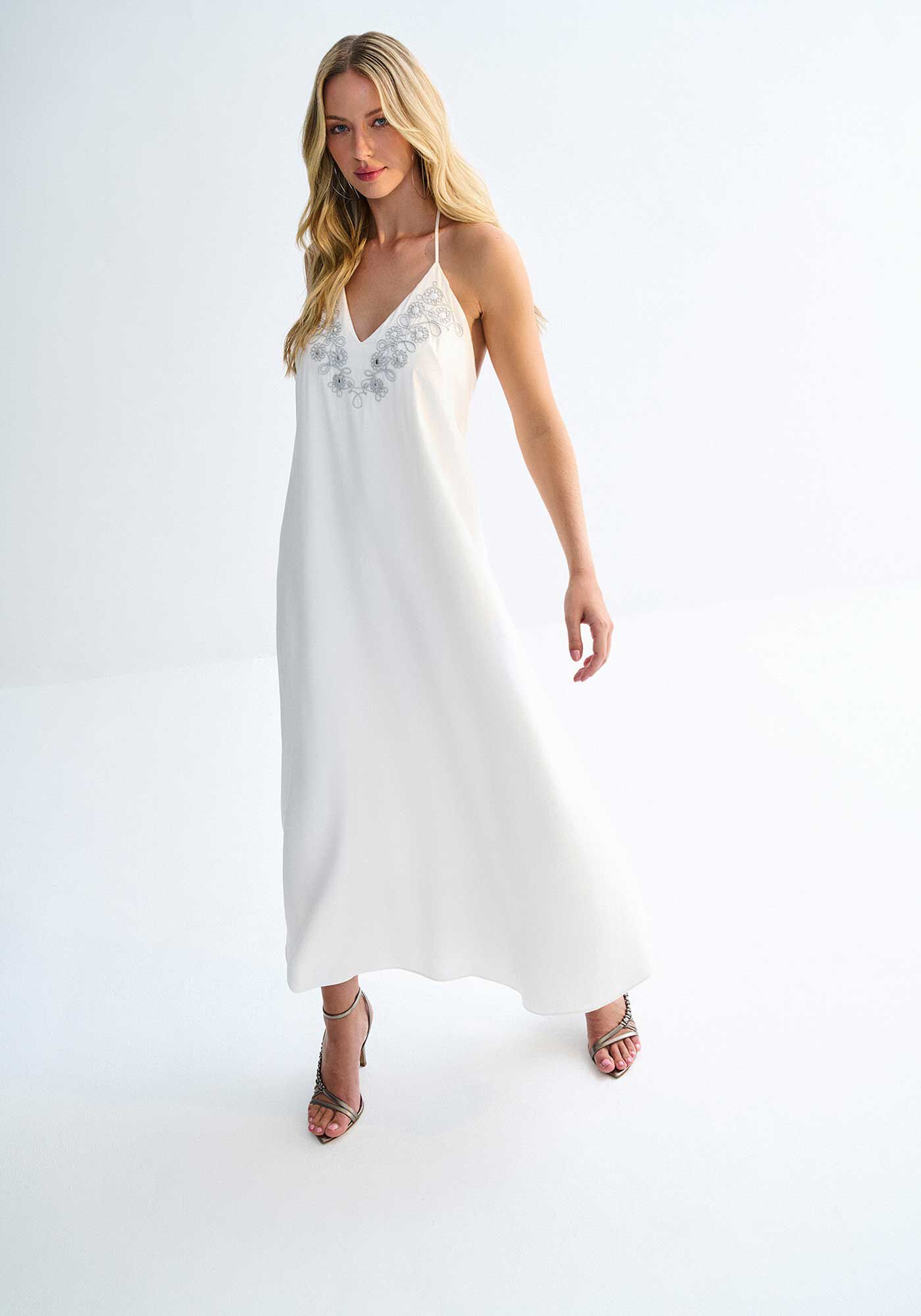 Vestido Midi Alongado com Bordado Decote, BRANCO, large.
