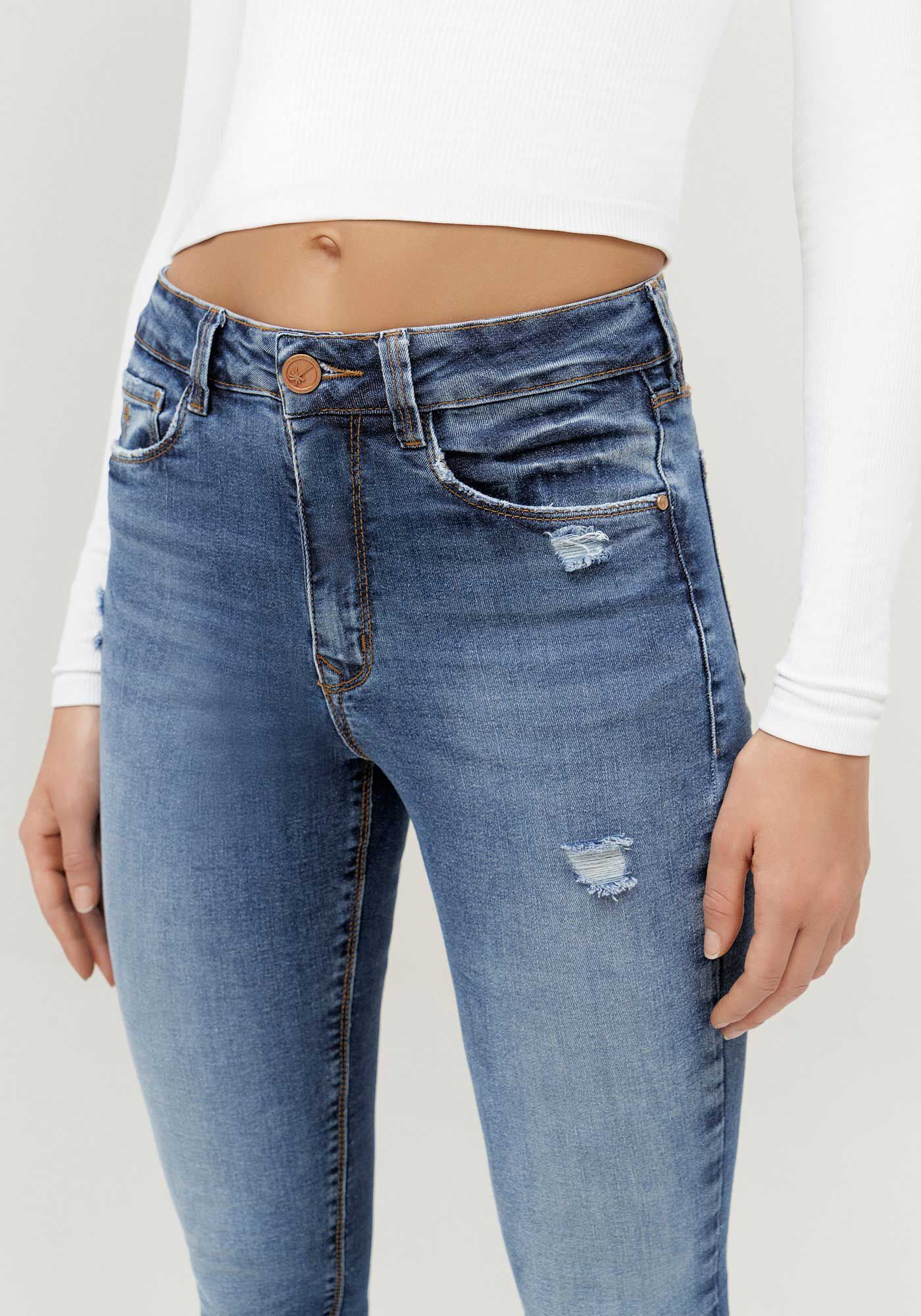 Cal&ccedil;a Jeans Skinny Estonada com Cintura Alta, , large.