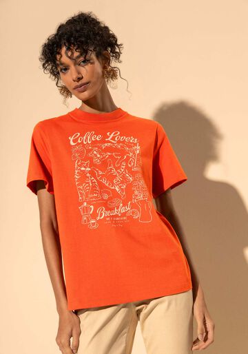 Blusa T-shirt Em Algodão Penteado Com Estampa Localizada, LARANJA PAIXAO. Blusa T-shirt Em Algodão Penteado Com Estampa Localizada, LARANJA PAIXAO, large.