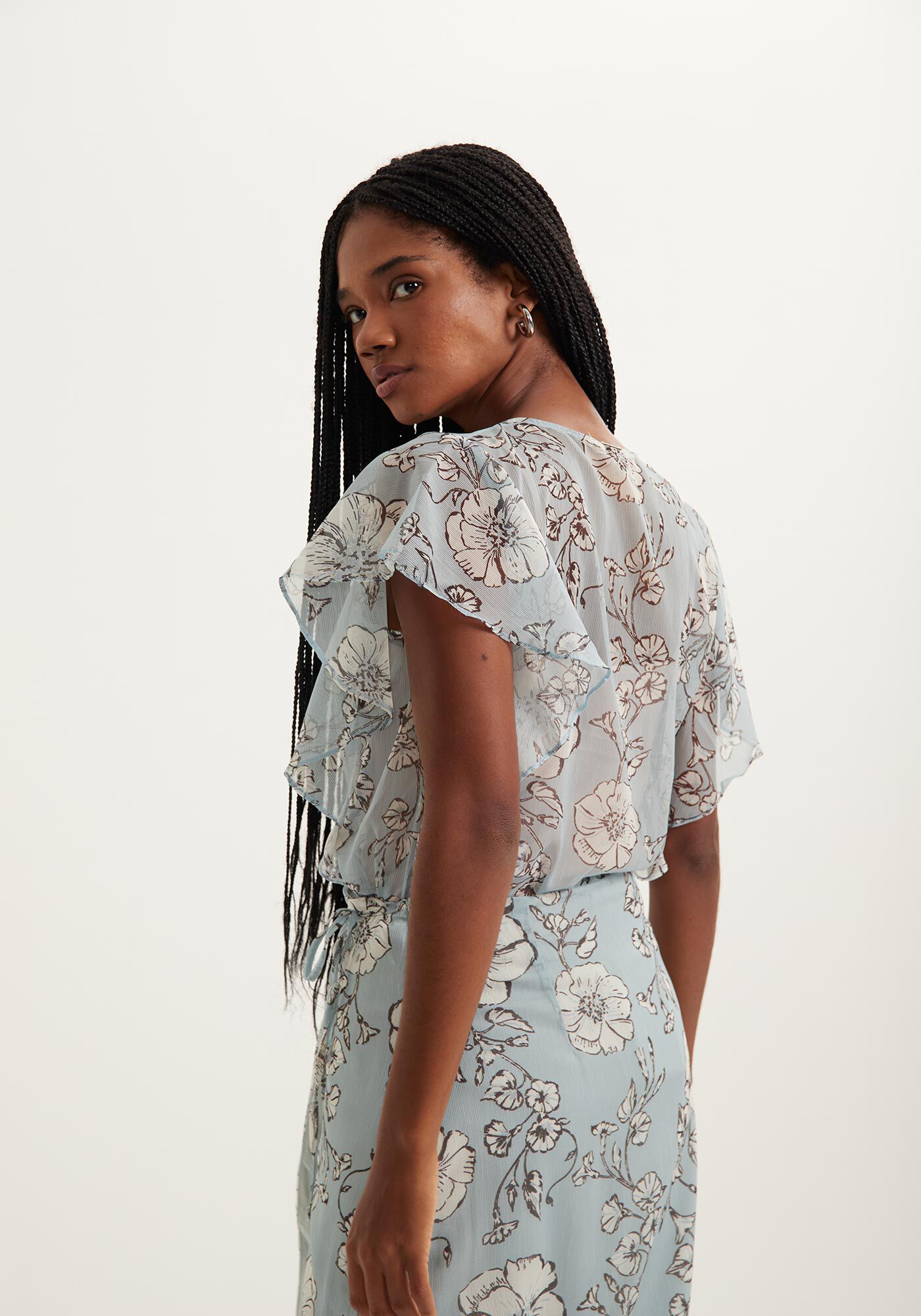 Blusa Fluida Estampada Com Babados E Transpar&ecirc;ncia, , large.