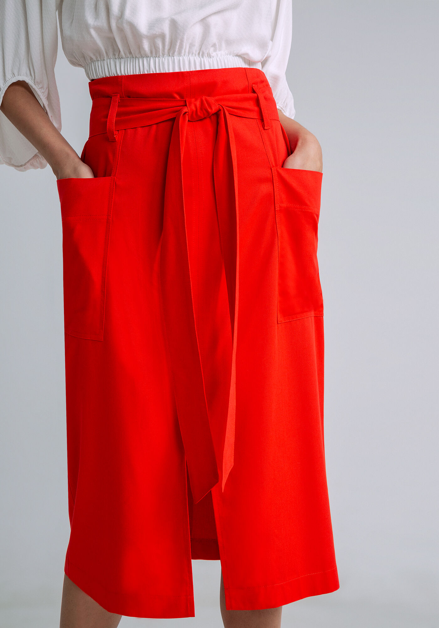 Saia Midi Cintura Alta Bolsos Faixa, LARANJA, large.