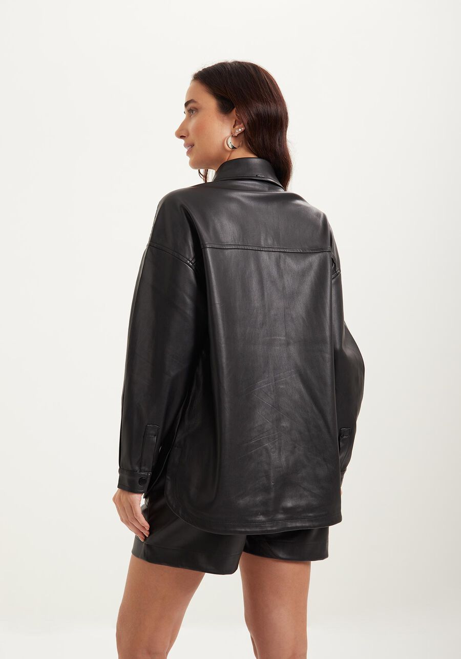 Camisa Alongada Em Pu Com Bolsos E Botões De Pressão, PRETO REATIVO. Camisa Alongada Em Pu Com Bolsos E Botões De Pressão, PRETO REATIVO, large.