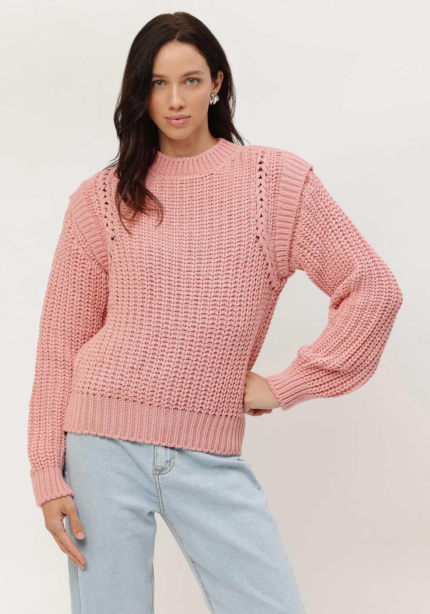 Blus&atilde;o Manga Longa em Tric&ocirc; com Recorte Ombros, SALMAO SENSACAO, large.